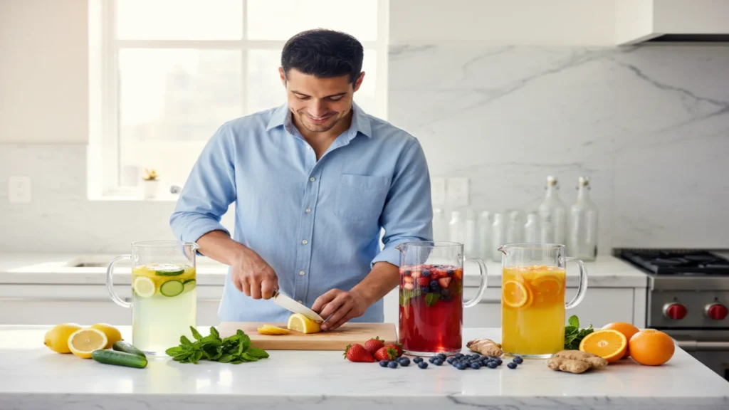 Chef Steve Morrison in professional kitchen wearing white chef coat preparing healthy meals for weight loss and wellness nutrition programs